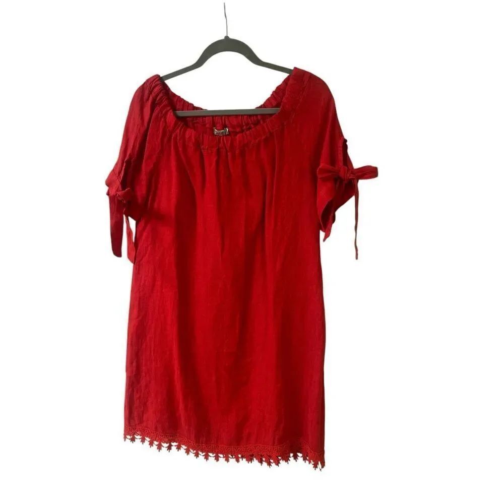 Lungo L’Arno made in Italy red linen dress lace hem sz Small